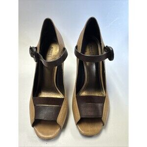 Audrey Brooke Womens Brown Leather Peep Toe Pumps Heels Sz 9 ankle straps
